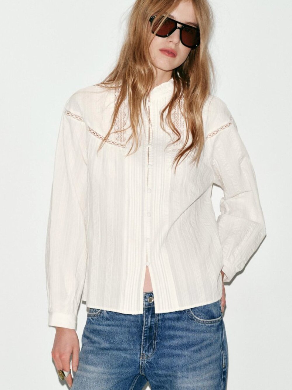 ZARA LACE AND PINTUCK SHIRT IN OYSTER WHITE SIZE SMALL